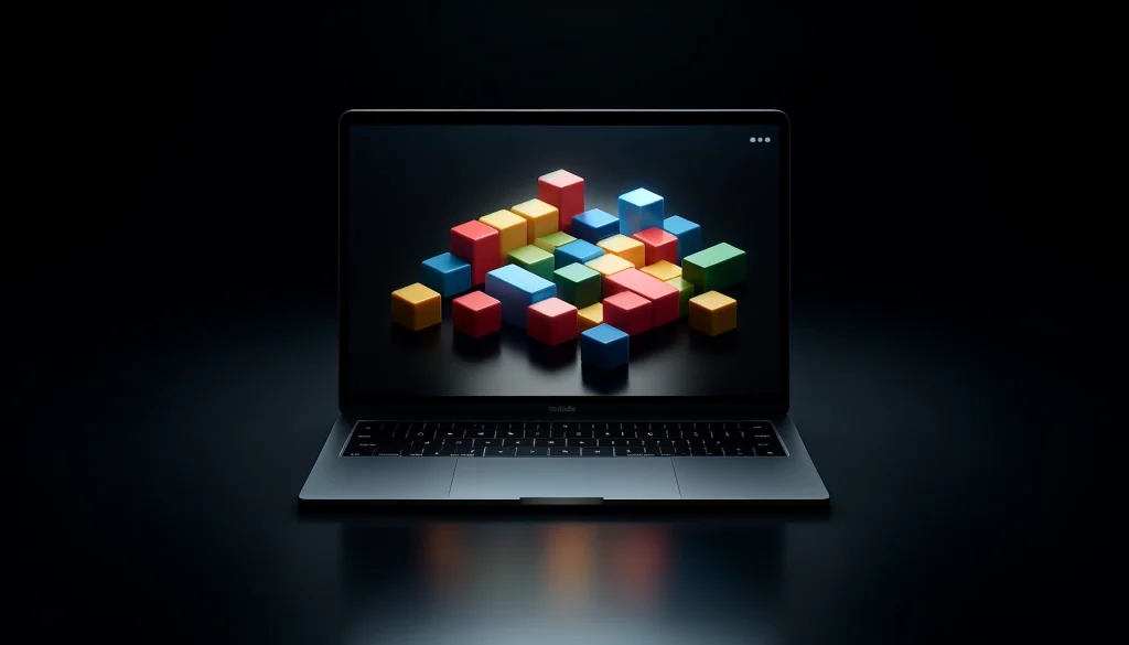 MacBook met kleurrijke bouwblokken op het scherm, symboliseert flexibele, herbruikbare blokken voor het bouwen van websites.
