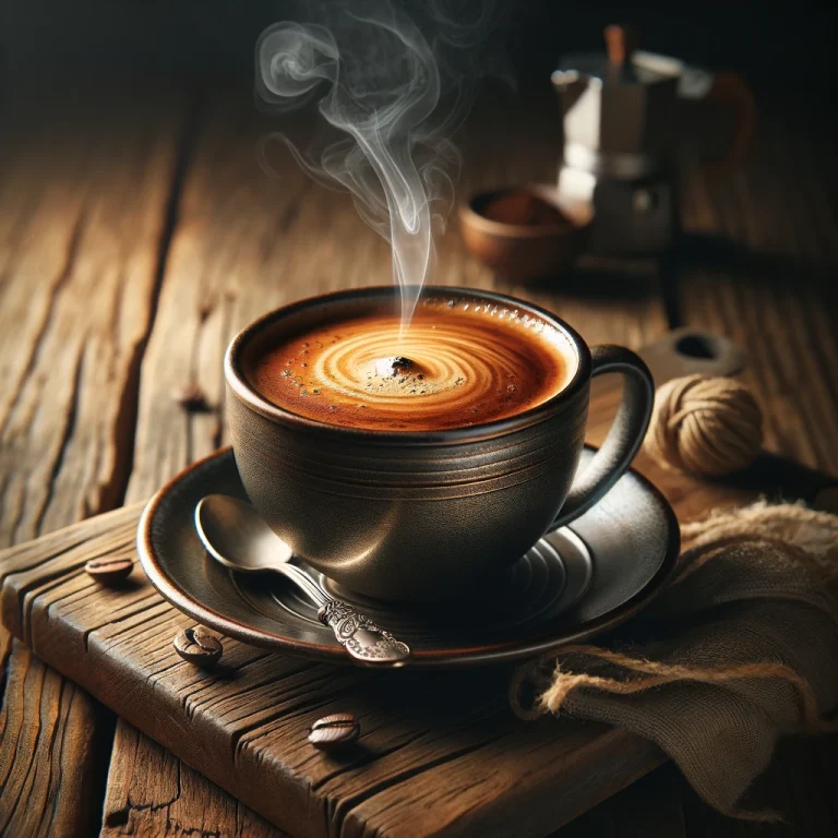 Uitnodigend kopje koffie op een rustieke houten tafel, symboliseert kennismaking.