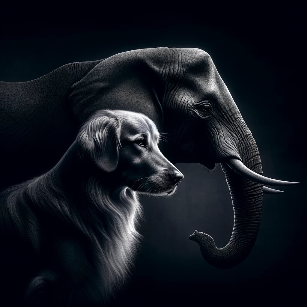 Olifant met hond, symboliseert betrouwbaarheid.