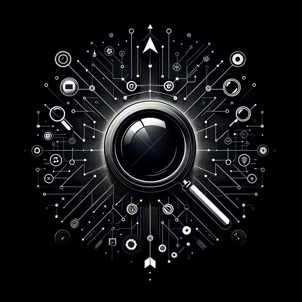 Vergrootglas met digitale iconen, symboliseert dat onderhoud de code SEO up-to-date houdt.