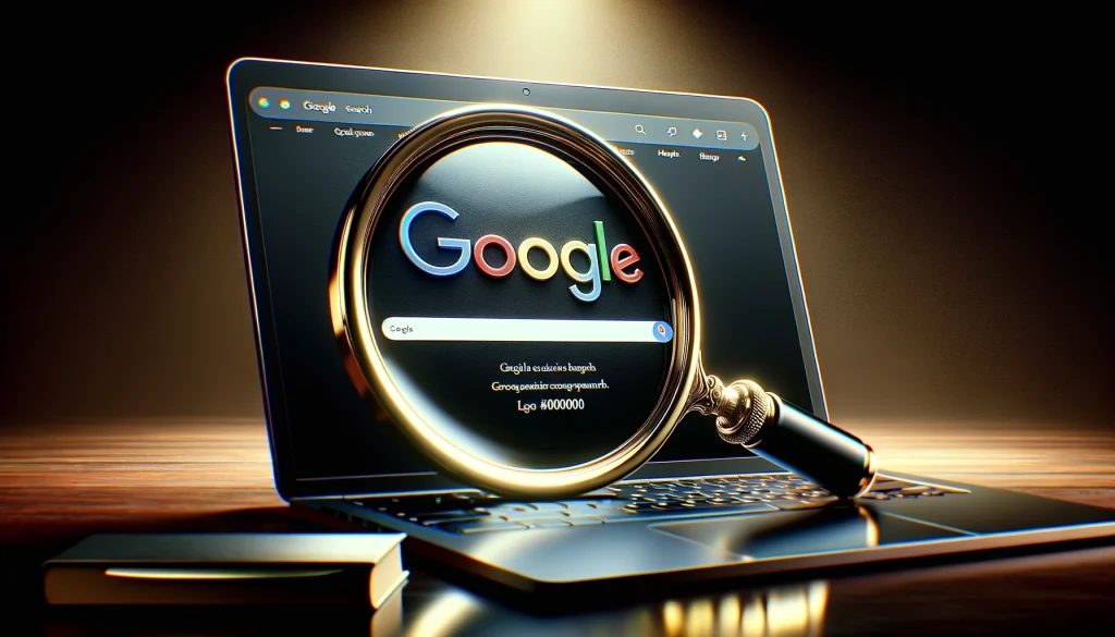 MacBook op een bureau met een boek ernaast, toont Google logo en zoekbalk met vergrootglas, symboliseert SEO-vriendelijkheid.