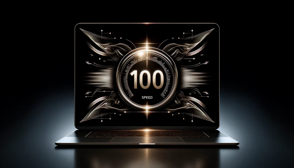 MacBook met een cirkel en het getal 100 op het scherm, symboliseert een snelle website.
