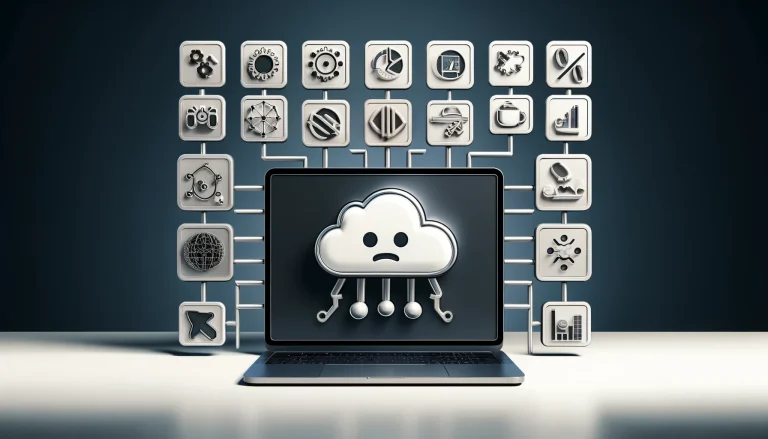 Laptop met droevige wolk en iconen, symboliseert nadelen van AI.