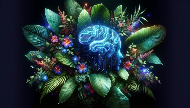 Digitaal AI-hoofd omringd door bloemen en bladeren, symboliseert de razendsnelle revolutie van AI.