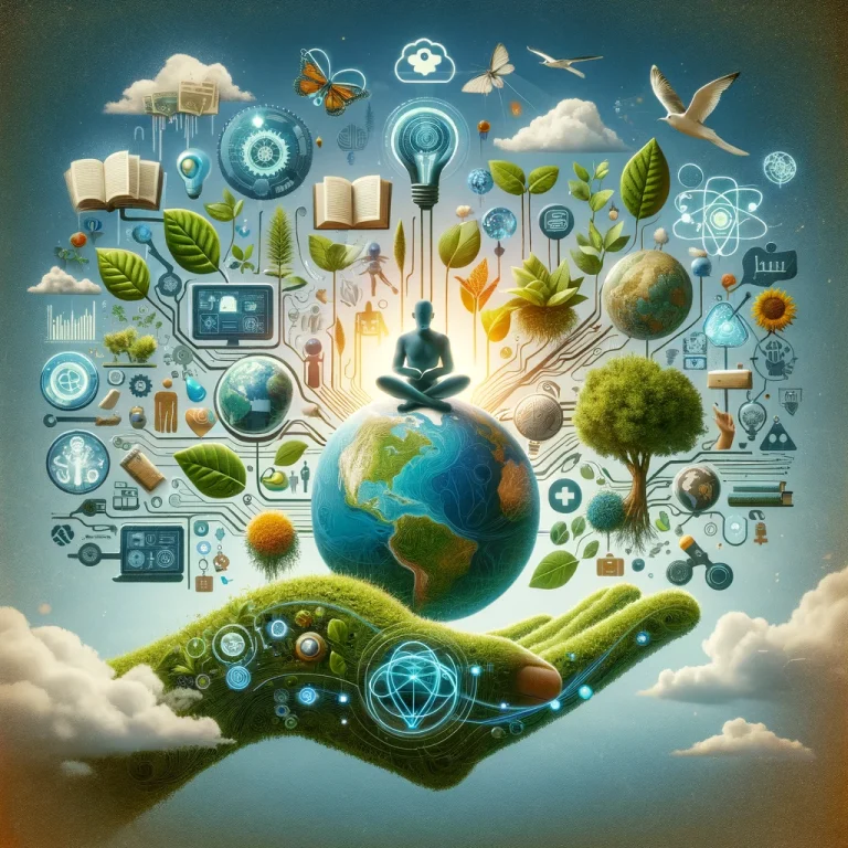 Symbolische afbeelding van voordelen van AI, toont wereldbol, natuur, technologie en mens in meditatie.